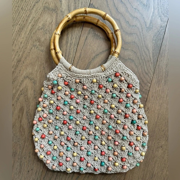 Roxy Beaded Crochet/Macrame Handbag with Bamboo Handle - Picture 1 of 5